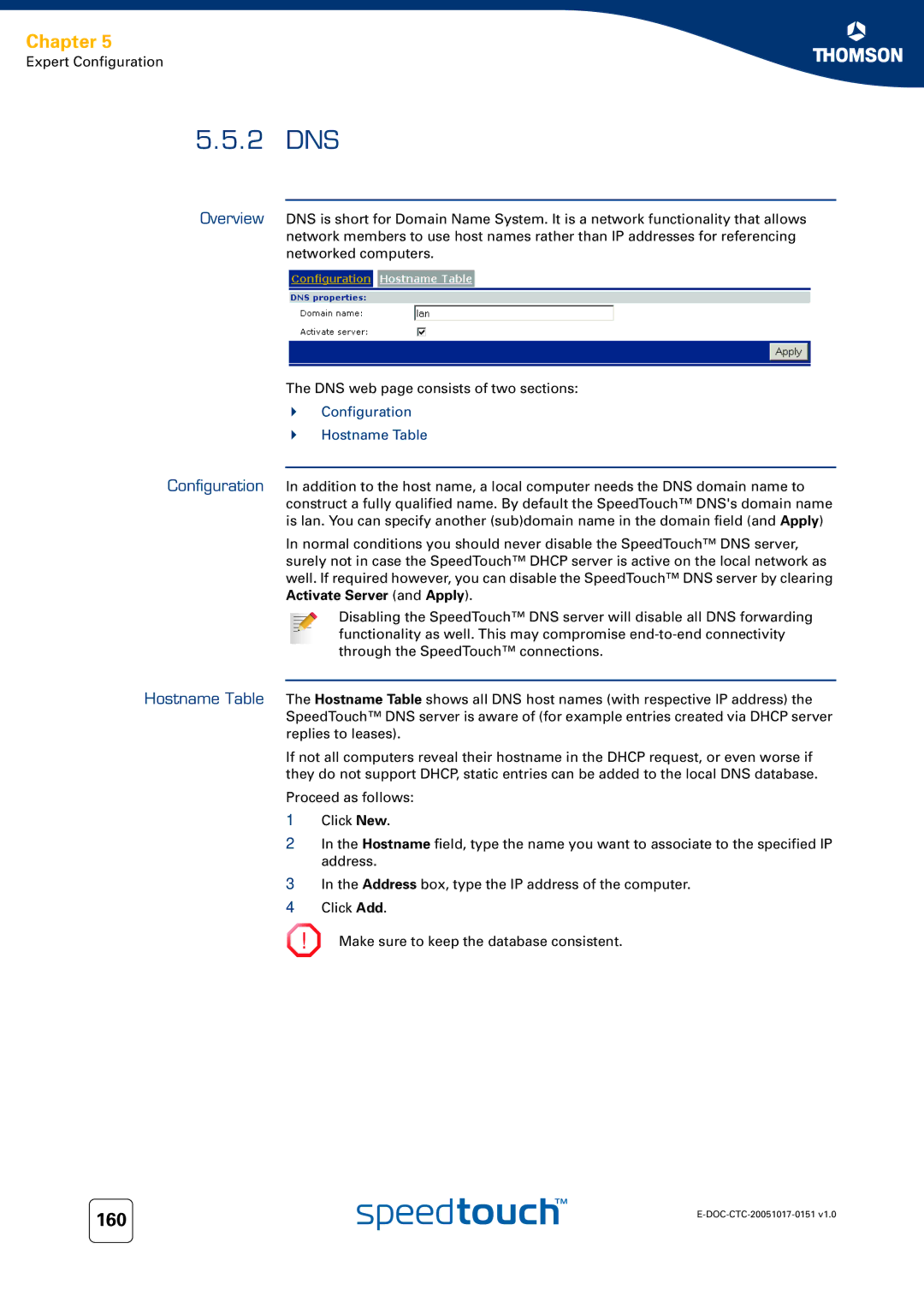 RCA 608WL, 620, 605 manual 2 DNS, Configuration Hostname Table 