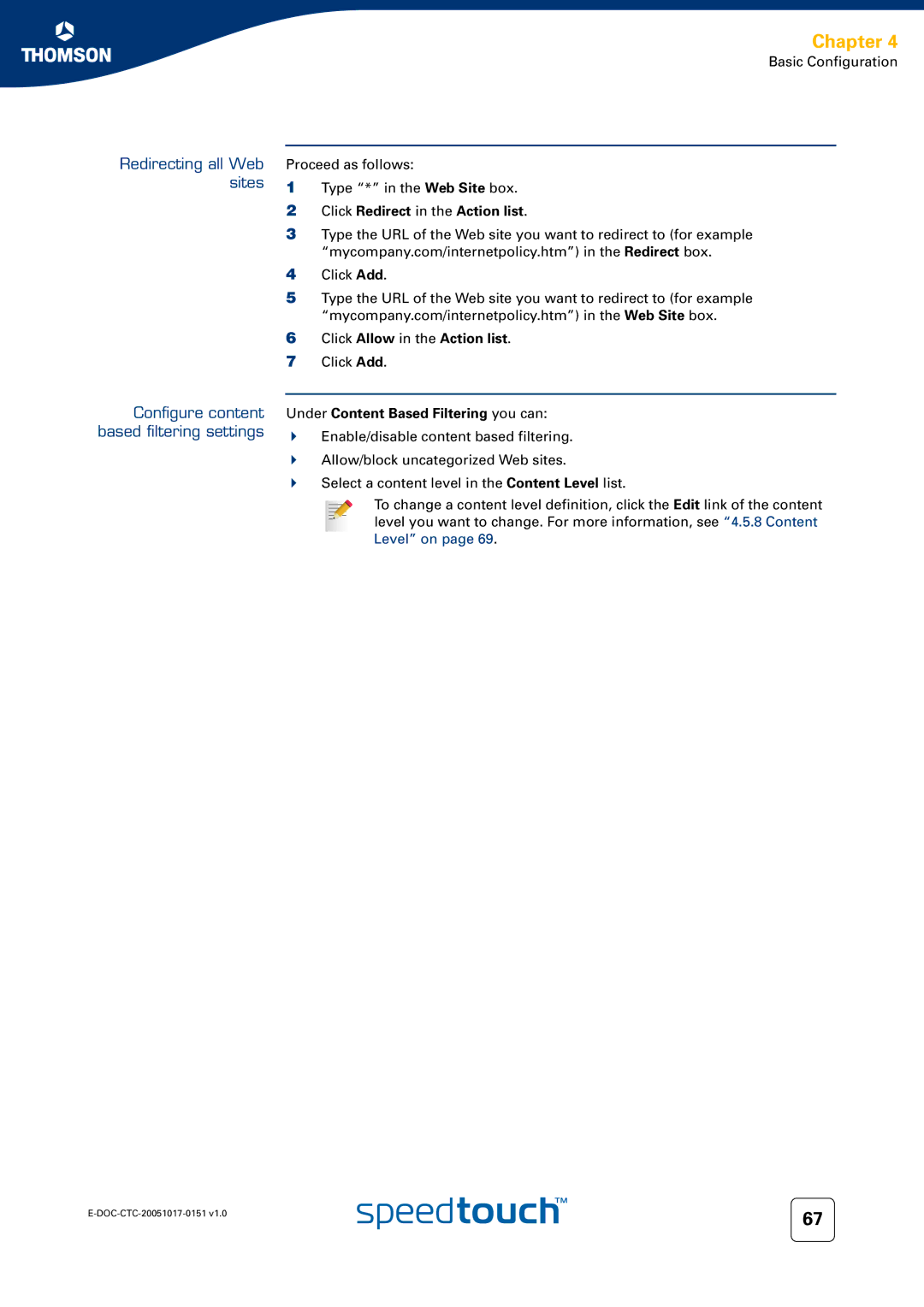 RCA 620, 608, 605 Redirecting all Web sites, Configure content based filtering settings, Click Redirect in the Action list 