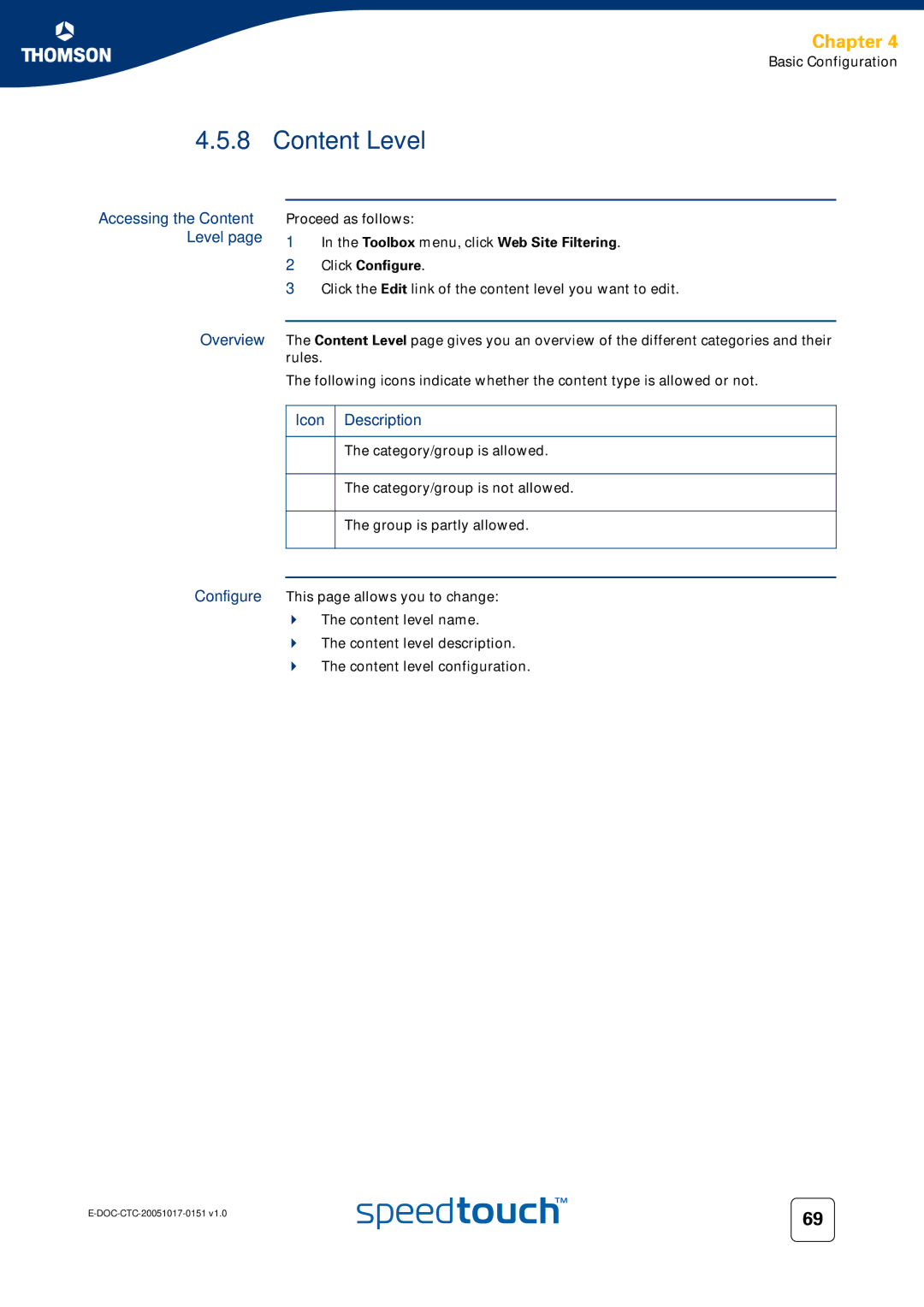 RCA 605, 608, 620 Accessing the Content Level, Icon Description, Toolbox menu, click Web Site Filtering Click Configure 