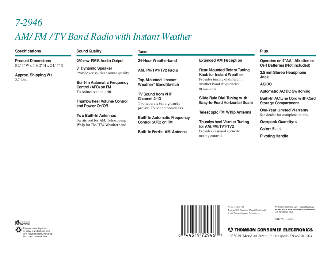 RCA 7-2946 manual 2946 AM/FM /TV Band Radio with Instant Weather, Ac/Dc 