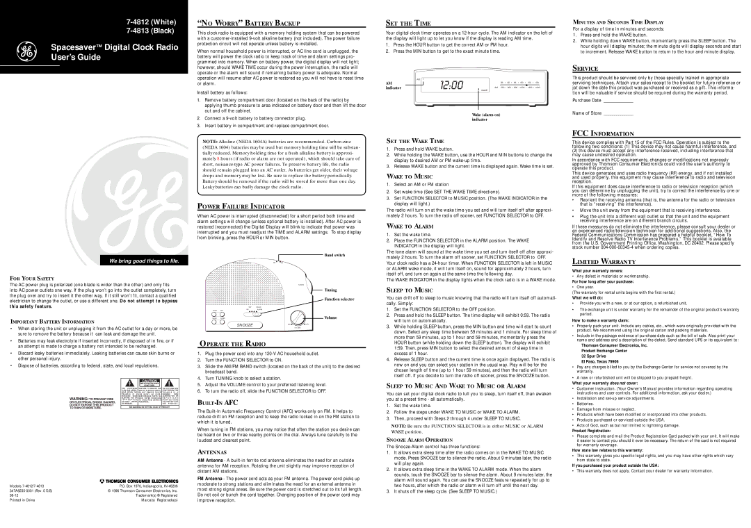 RCA 7-4812, 7-4813 warranty No Worry Battery Backup, SET the Time, Power Failure Indicator, Service, FCC Information 