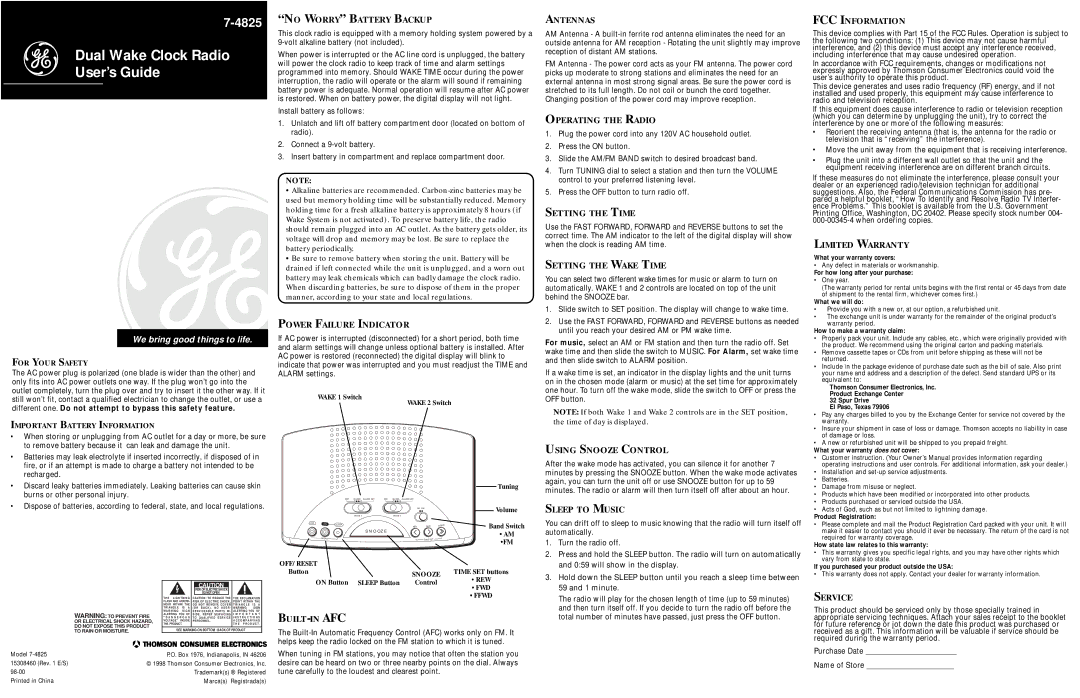 RCA 7-4825 warranty No Worry Battery Backup, Power Failure Indicator, Antennas, Operating the Radio, Setting the Time 