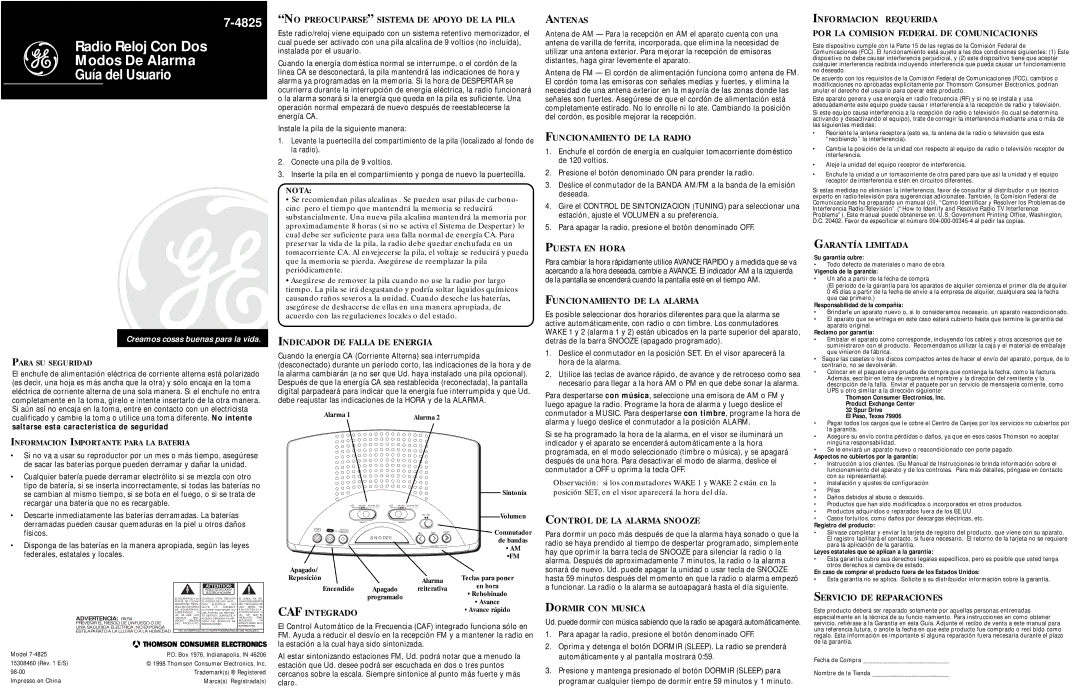 RCA 7-4825 warranty No Preocuparse Sistema DE Apoyo DE LA Pila, Indicador DE Falla DE Energia, CAF Integrado, Antenas 