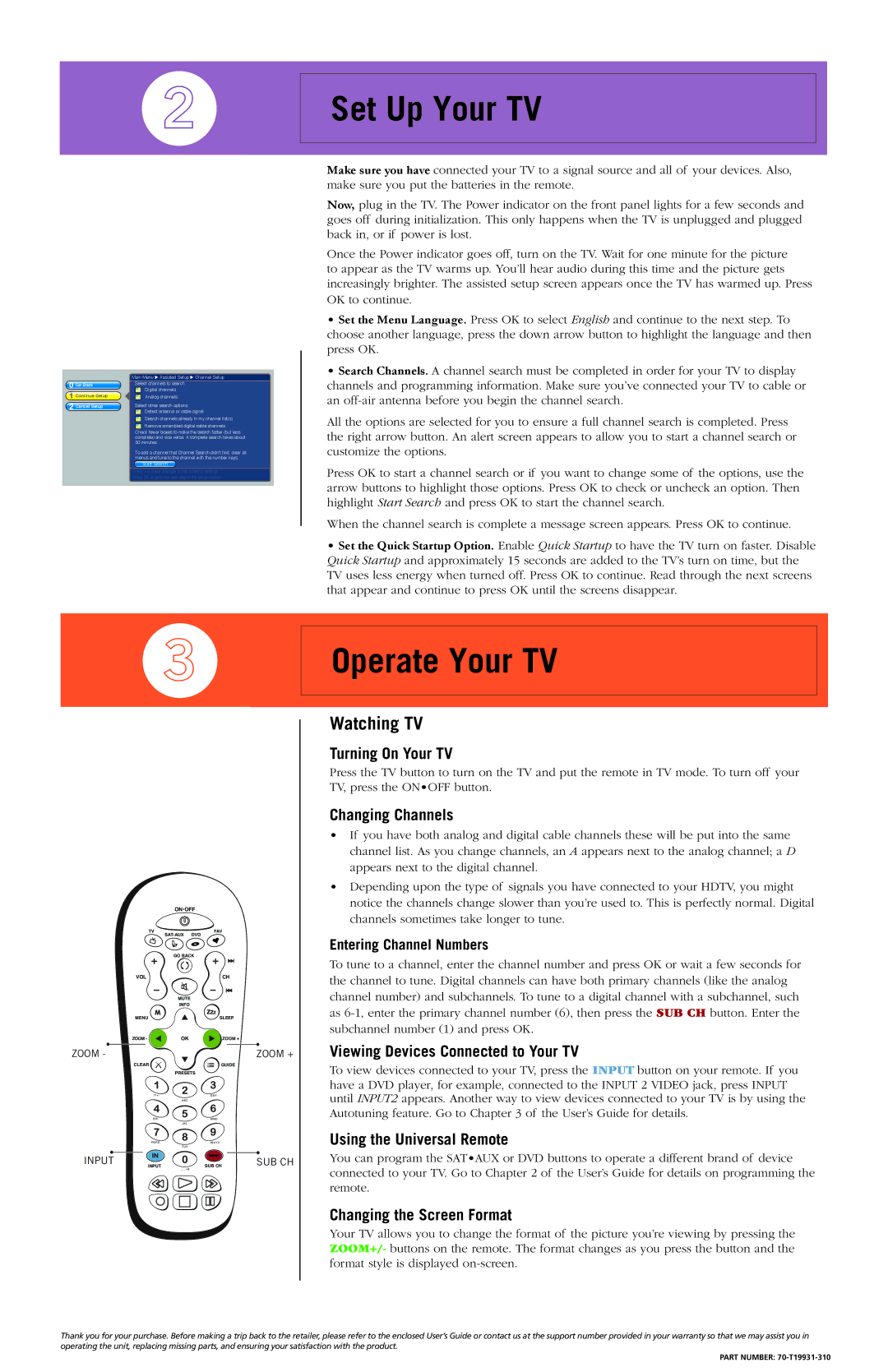 RCA 70-T19931-310 manual Set Up Your TV, Operate Your TV 