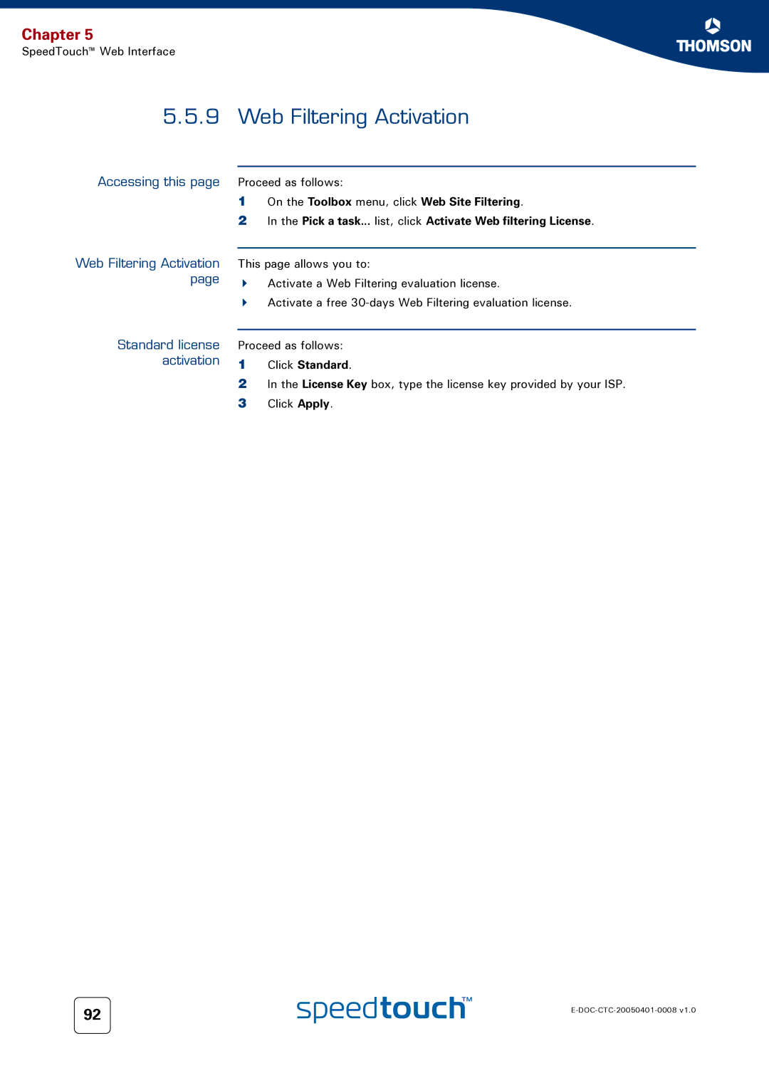 RCA 716v5 (WL) manual Web Filtering Activation, Accessing this page Proceed as follows, Click Standard 