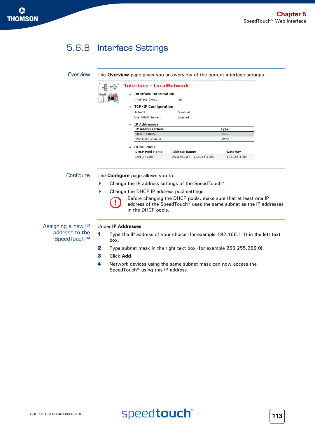 RCA 716v5 (WL) manual Interface Settings, Assigning a new IP address to the SpeedTouch, Under IP Addresses 