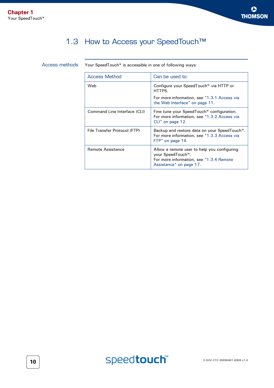 RCA 716v5 (WL) manual How to Access your SpeedTouch, Access Method Can be used to 