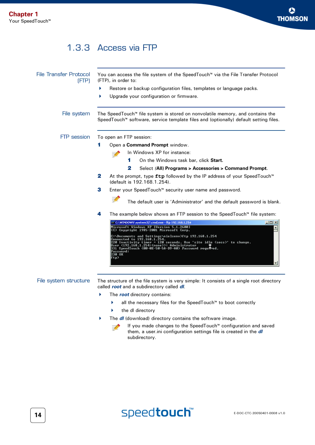 RCA 716v5 (WL) manual Access via FTP, File Transfer Protocol FTP, Open a Command Prompt window 