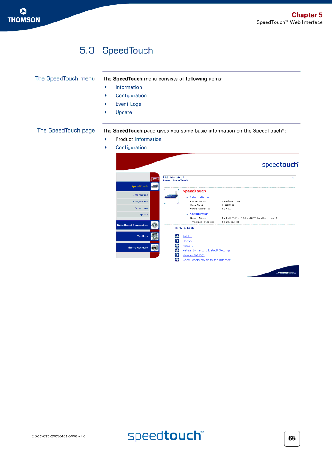 RCA 716v5 (WL) manual SpeedTouch, Information Configuration Event Logs Update 