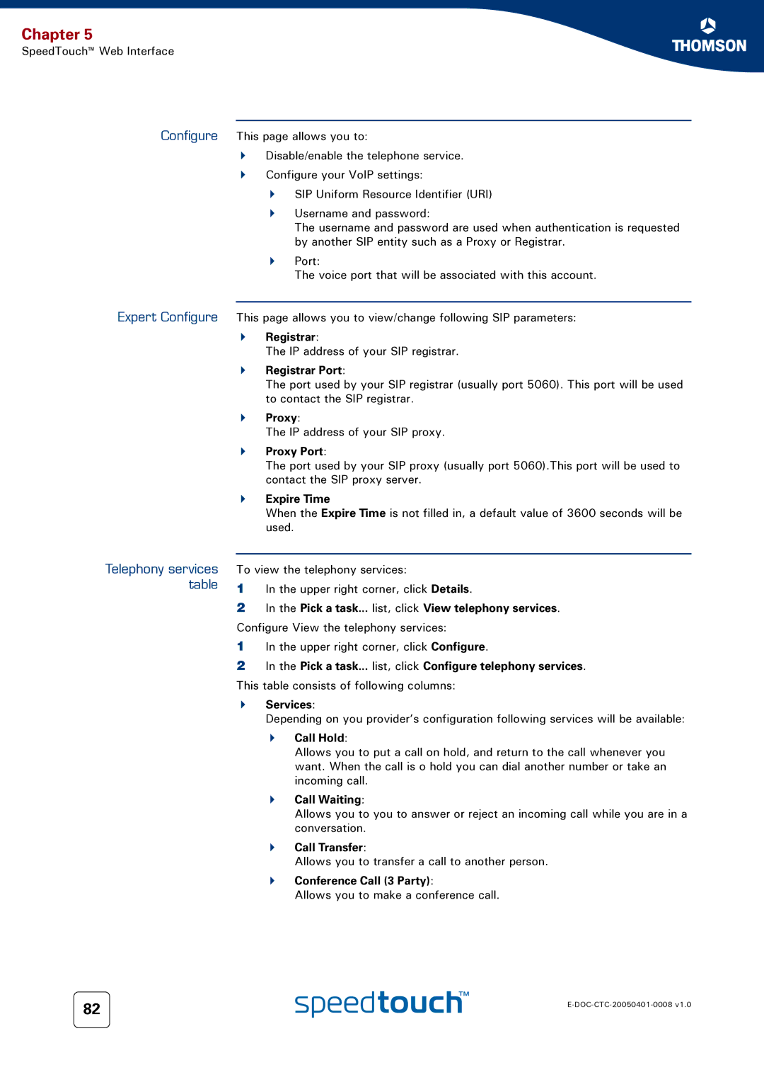 RCA 716v5 (WL) manual Telephony services table 