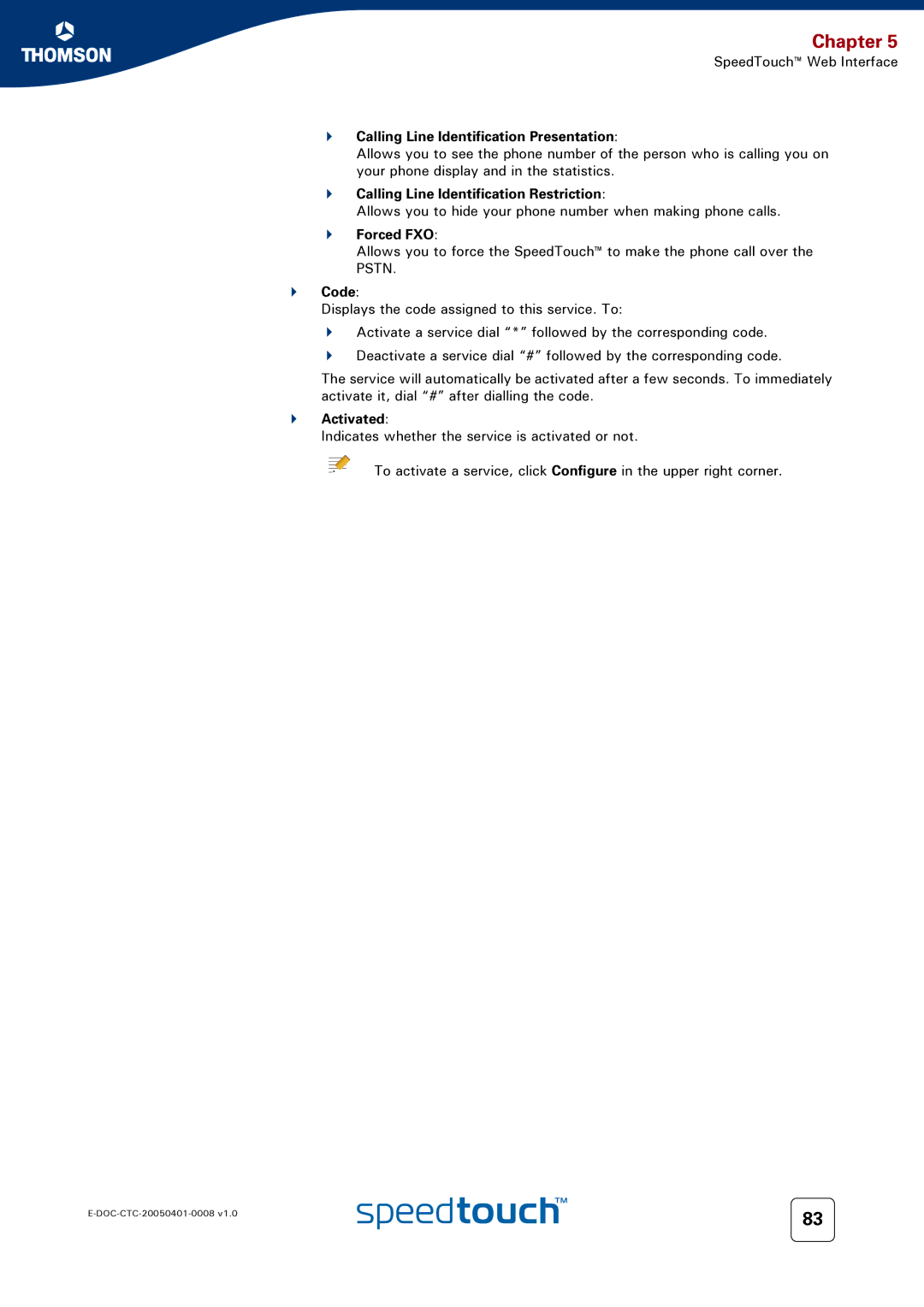 RCA 716v5 (WL) manual Calling Line Identification Presentation, Calling Line Identification Restriction, Forced FXO, Code 