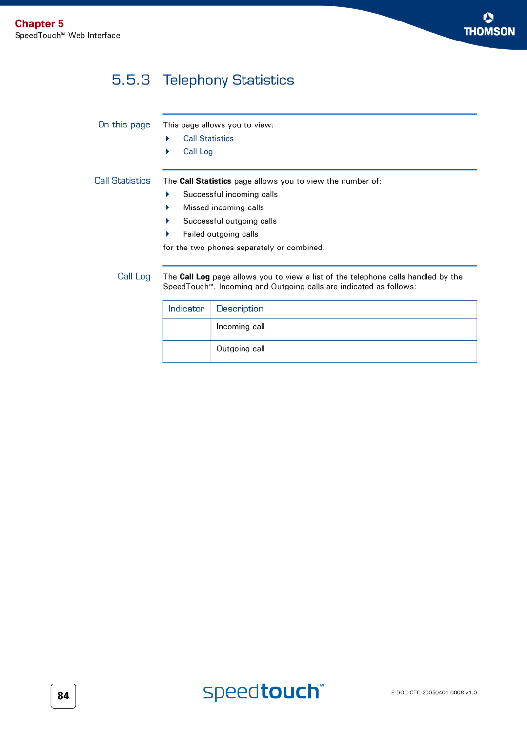 RCA 716v5 (WL) manual Telephony Statistics, Call Statistics Call Log 