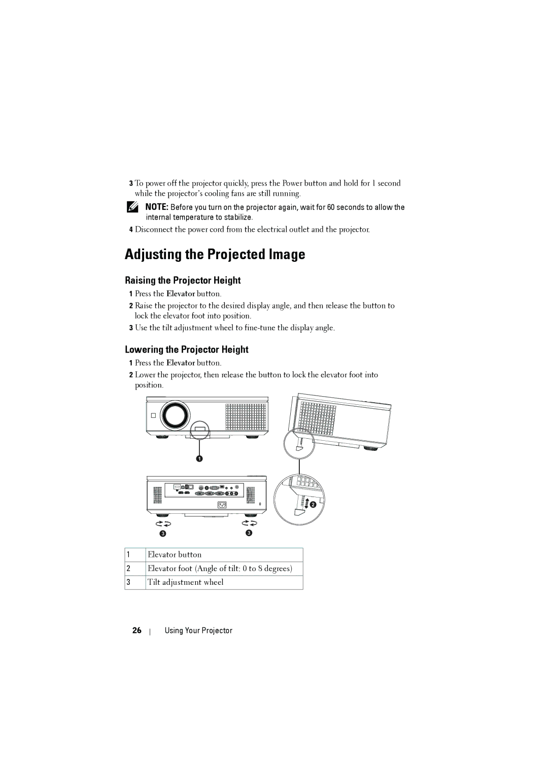 RCA 7700 manual Adjusting the Projected Image, Raising the Projector Height, Lowering the Projector Height 