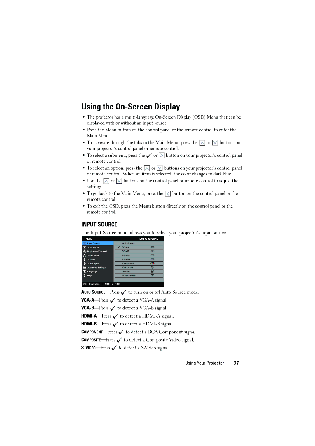 RCA 7700 manual Using the On-Screen Display, Input Source 