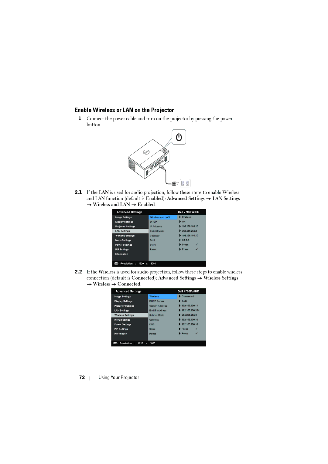 RCA 7700 manual Enable Wireless or LAN on the Projector 