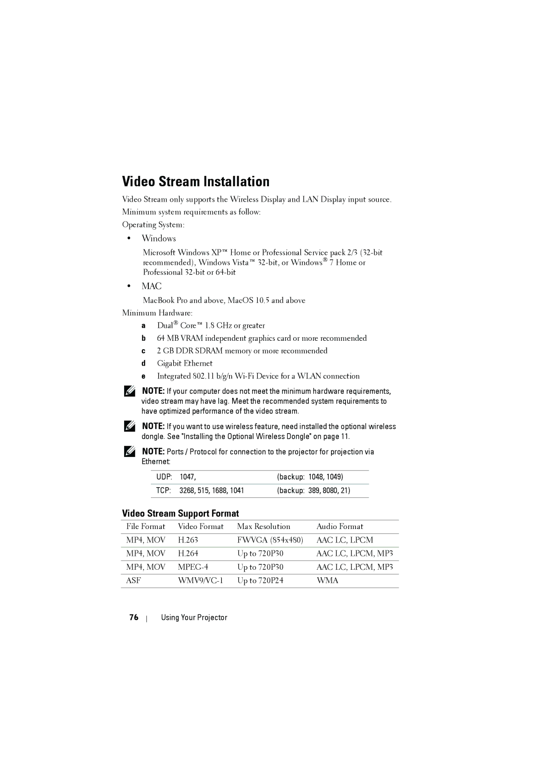 RCA 7700 manual Video Stream Installation, Video Stream Support Format 