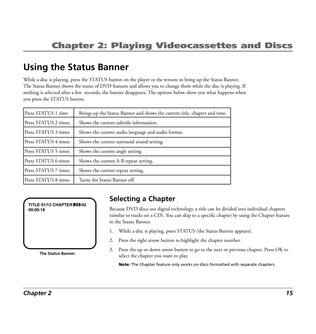 RCA 7L400MDV manual Using the Status Banner, Selecting a Chapter 