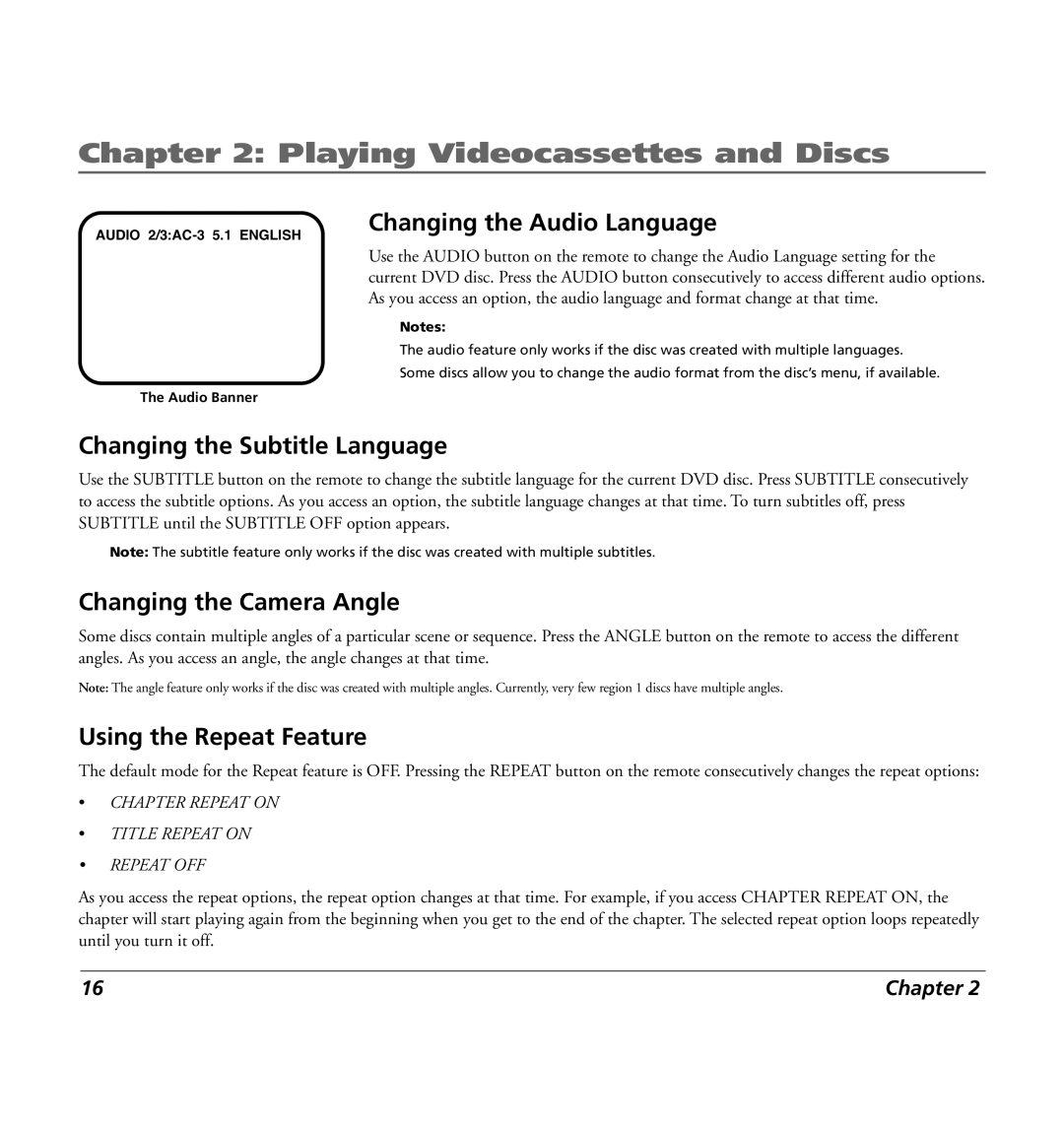 RCA 7L400MDV manual Changing the Audio Language, Changing the Subtitle Language, Changing the Camera Angle 