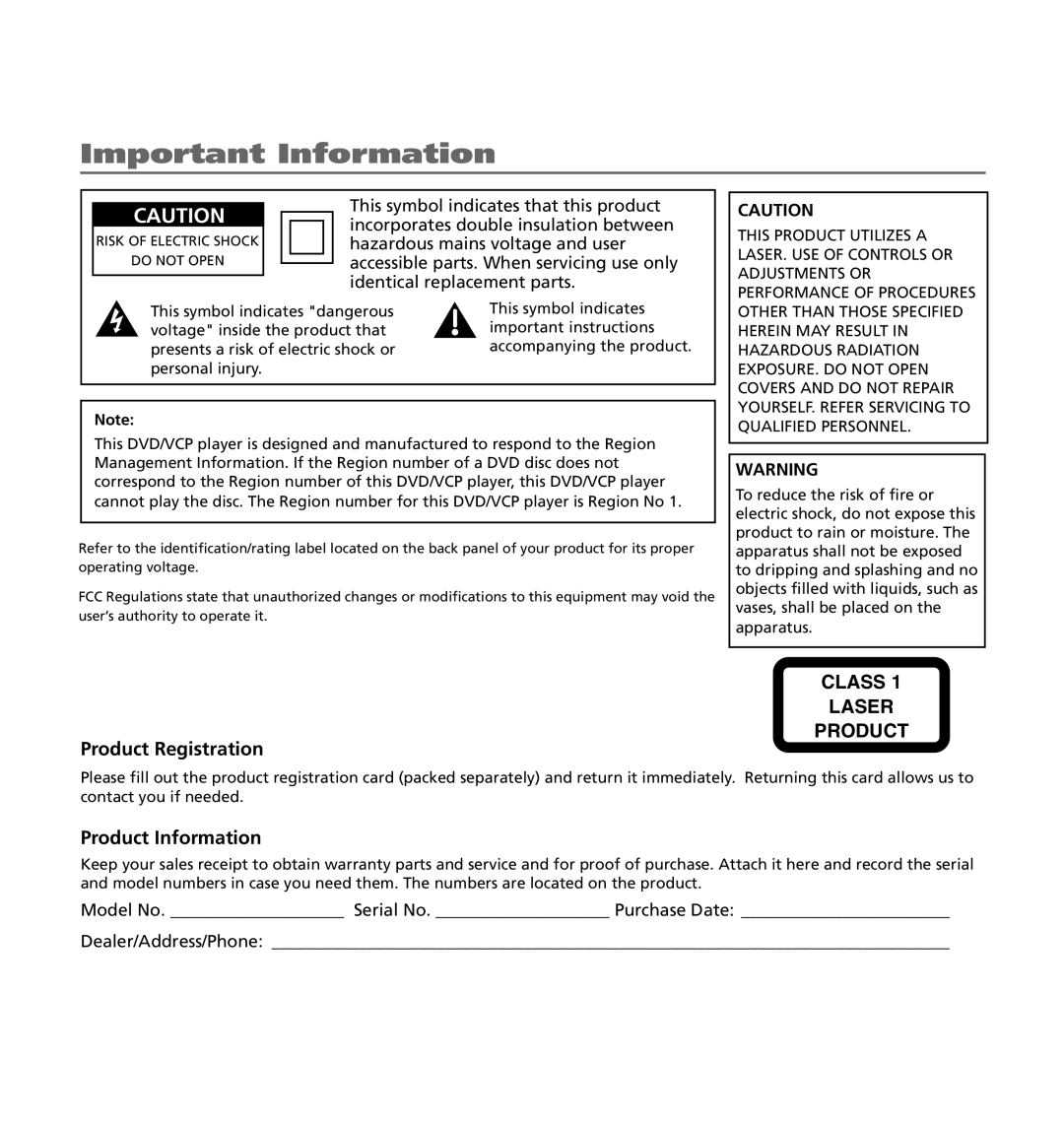 RCA 7L400MDV manual Important Information 