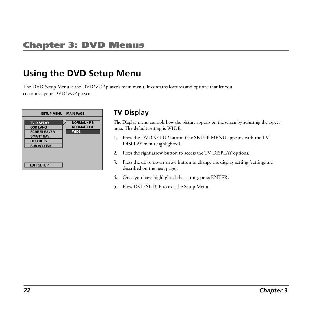 RCA 7L400MDV manual Using the DVD Setup Menu, TV Display 