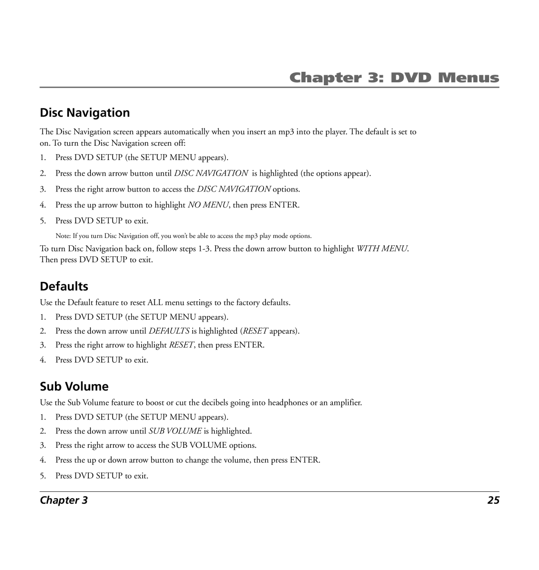 RCA 7L400MDV manual Disc Navigation, Defaults, Sub Volume 