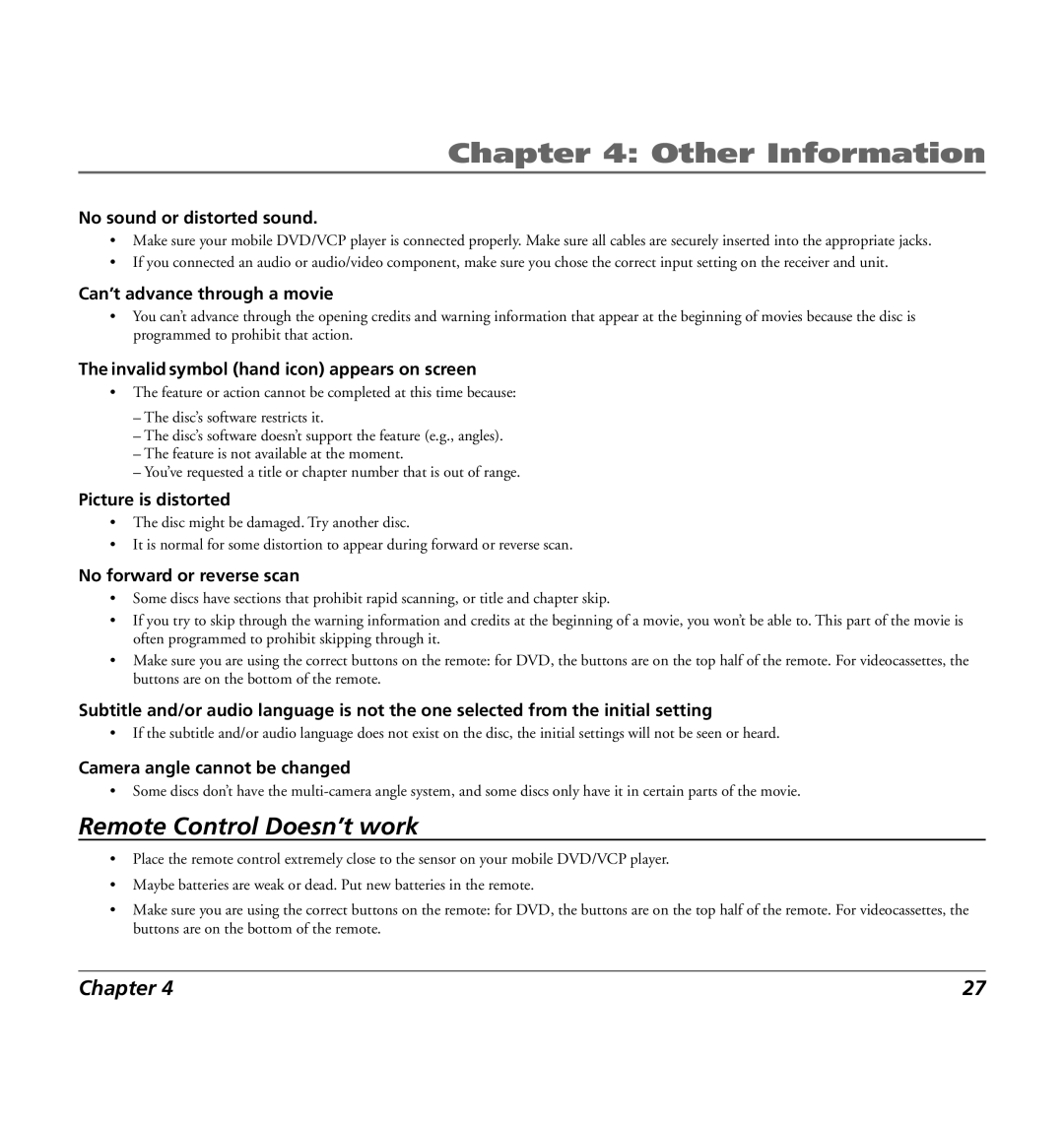 RCA 7L400MDV manual No sound or distorted sound, Can’t advance through a movie, Invalid symbol hand icon appears on screen 