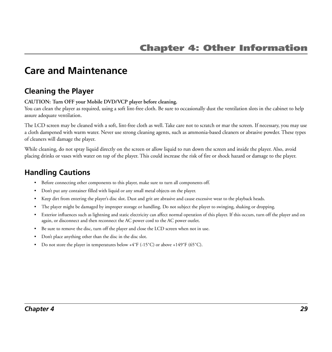 RCA 7L400MDV manual Care and Maintenance, Cleaning the Player, Handling Cautions 