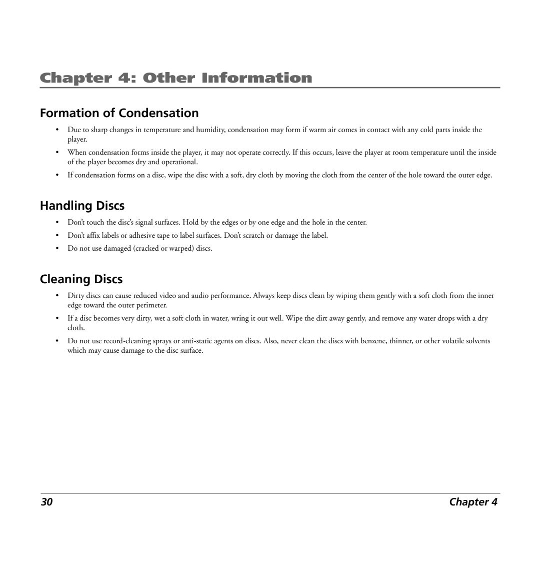 RCA 7L400MDV manual Formation of Condensation, Handling Discs, Cleaning Discs 