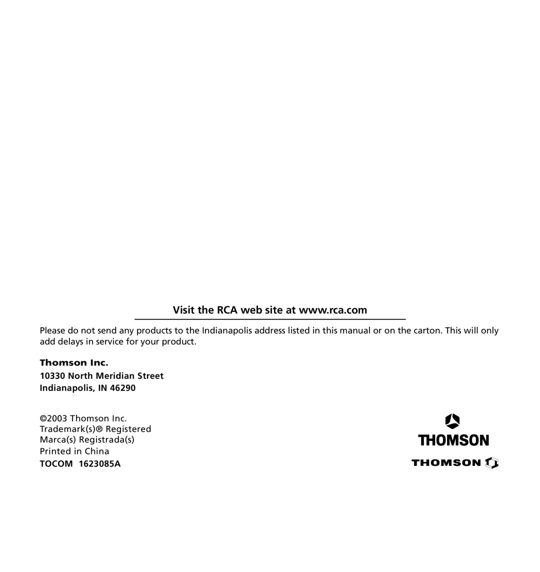 RCA 7L400MDV manual Thomson Inc North Meridian Street Indianapolis, Tocom 1623085A 