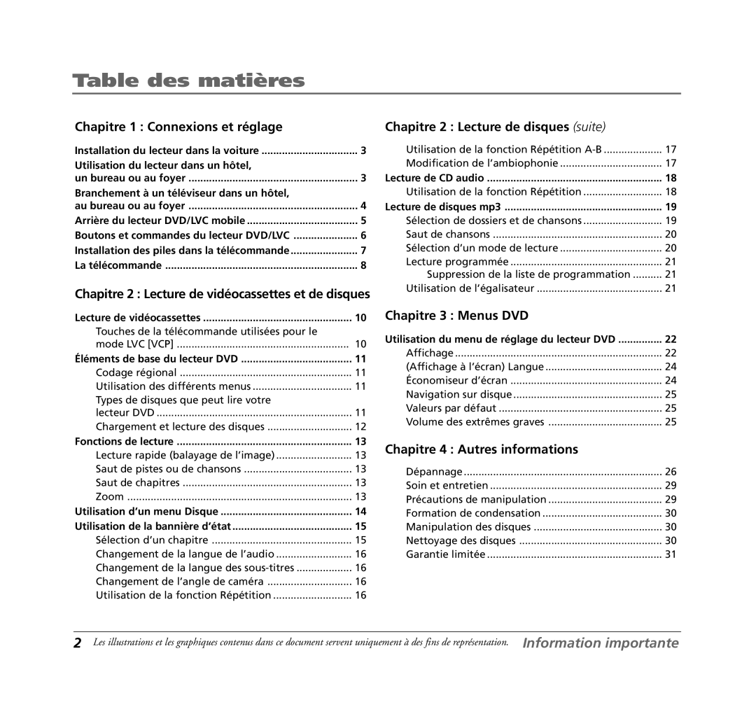 RCA 7L400MDV manual Table des matires, Chapitre 2 Lecture de vidéocassettes et de disques 