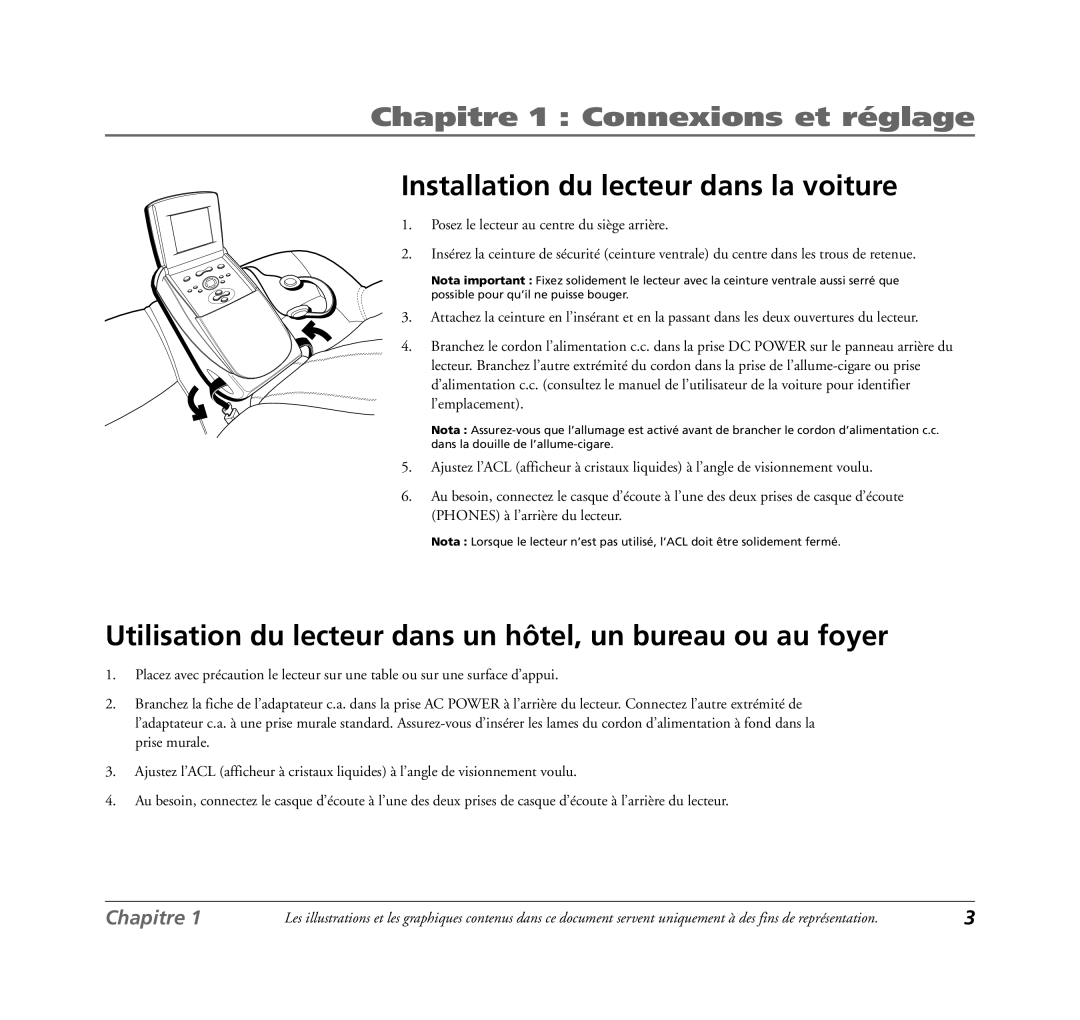 RCA 7L400MDV manual Installation du lecteur dans la voiture, Utilisation du lecteur dans un hôtel, un bureau ou au foyer 