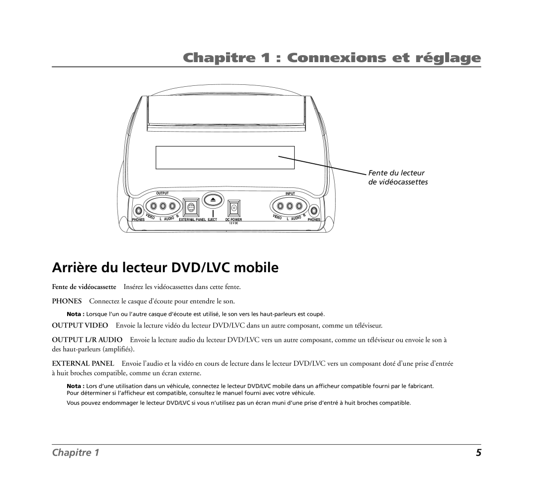 RCA 7L400MDV manual Arrière du lecteur DVD/LVC mobile 