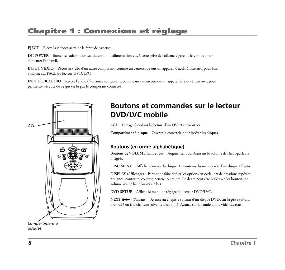 RCA 7L400MDV manual Boutons et commandes sur le lecteur DVD/LVC mobile, Acl 