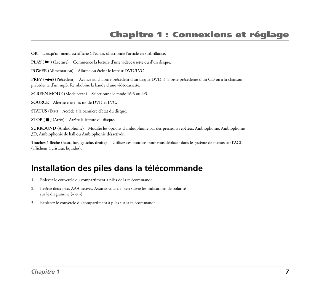 RCA 7L400MDV manual Installation des piles dans la télécommande, Play 