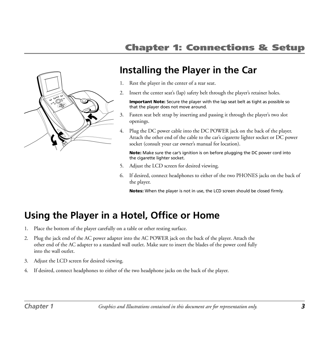 RCA 7L400MDV manual Installing the Player in the Car, Using the Player in a Hotel, Office or Home 