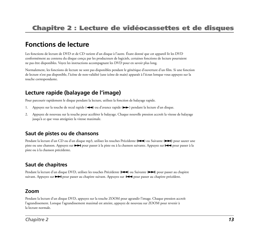 RCA 7L400MDV Fonctions de lecture, Lecture rapide balayage de l’image, Saut de pistes ou de chansons, Saut de chapitres 