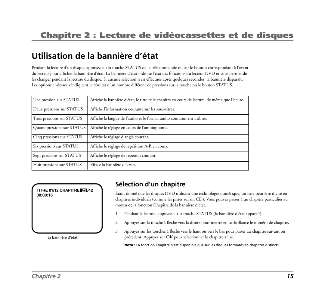 RCA 7L400MDV manual Utilisation de la bannière d’état, Sélection d’un chapitre 