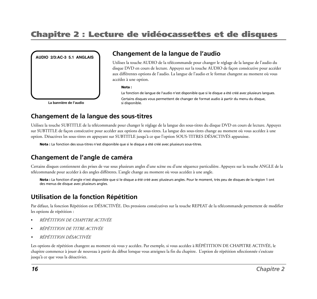 RCA 7L400MDV Changement de la langue de l’audio, Changement de la langue des sous-titres, Changement de l’angle de caméra 