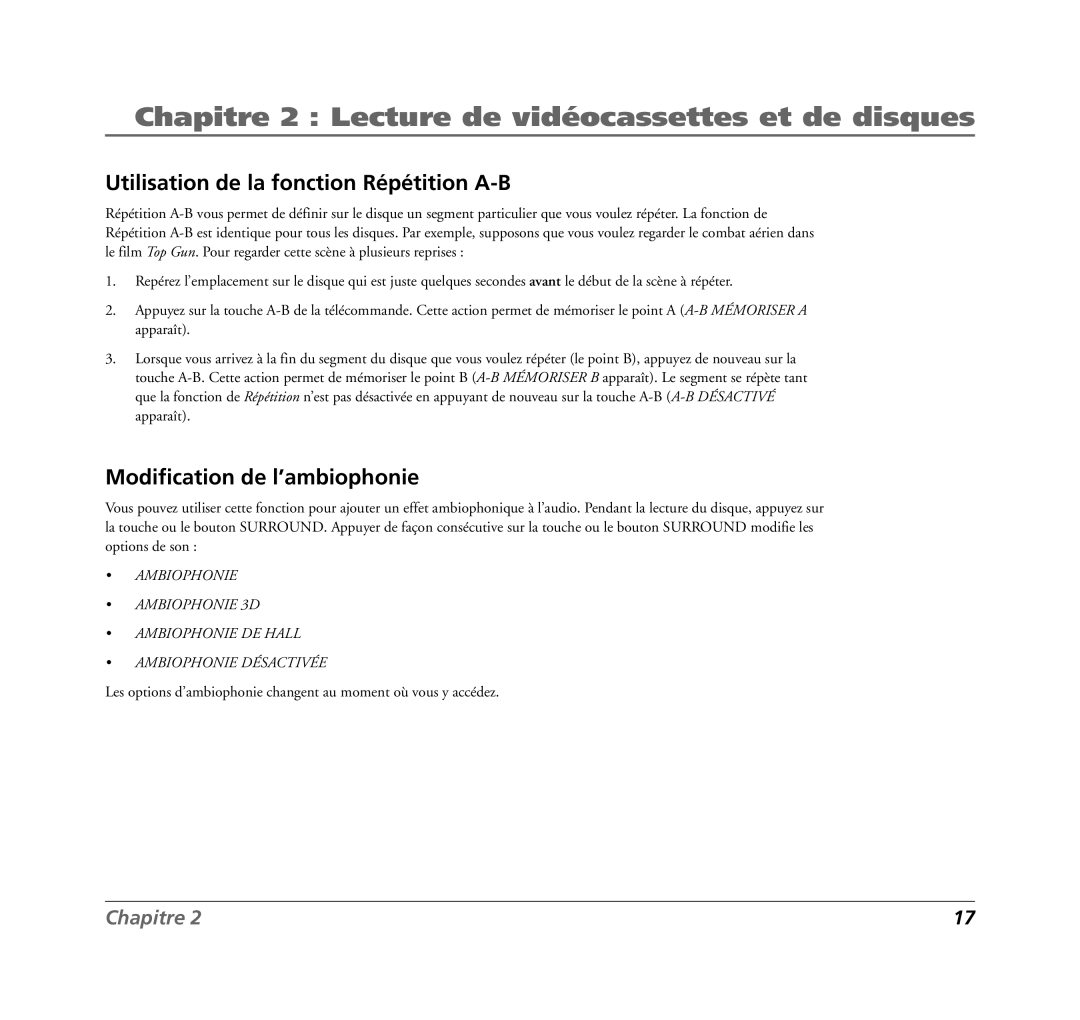 RCA 7L400MDV manual Utilisation de la fonction Répétition A-B, Modification de l’ambiophonie 