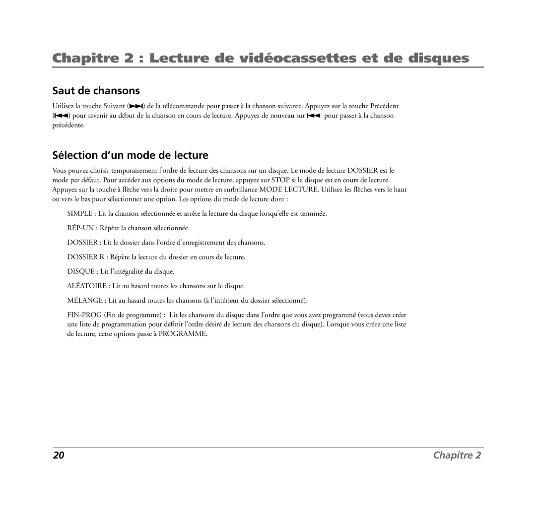 RCA 7L400MDV manual Saut de chansons, Sélection d’un mode de lecture 