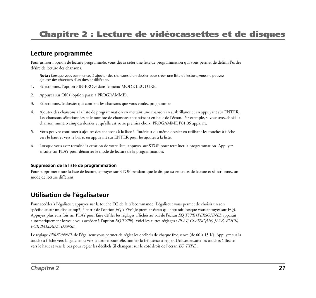 RCA 7L400MDV manual Lecture programmée, Utilisation de l’égalisateur 