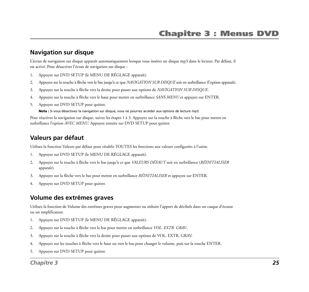 RCA 7L400MDV manual Navigation sur disque, Valeurs par défaut, Volume des extrêmes graves 