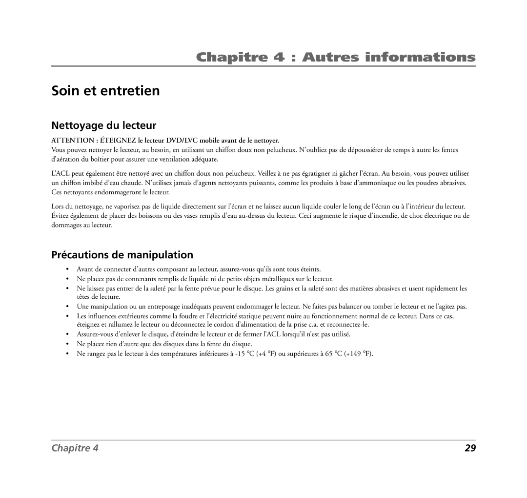 RCA 7L400MDV manual Soin et entretien, Nettoyage du lecteur, Précautions de manipulation 