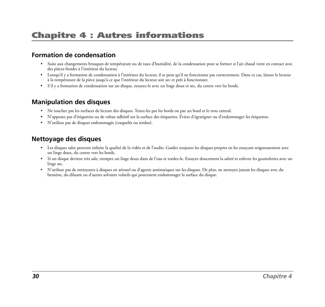 RCA 7L400MDV manual Formation de condensation, Manipulation des disques, Nettoyage des disques 