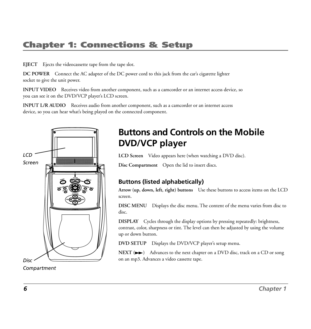 RCA 7L400MDV manual Buttons and Controls on the Mobile DVD/VCP player, Buttons listed alphabetically 