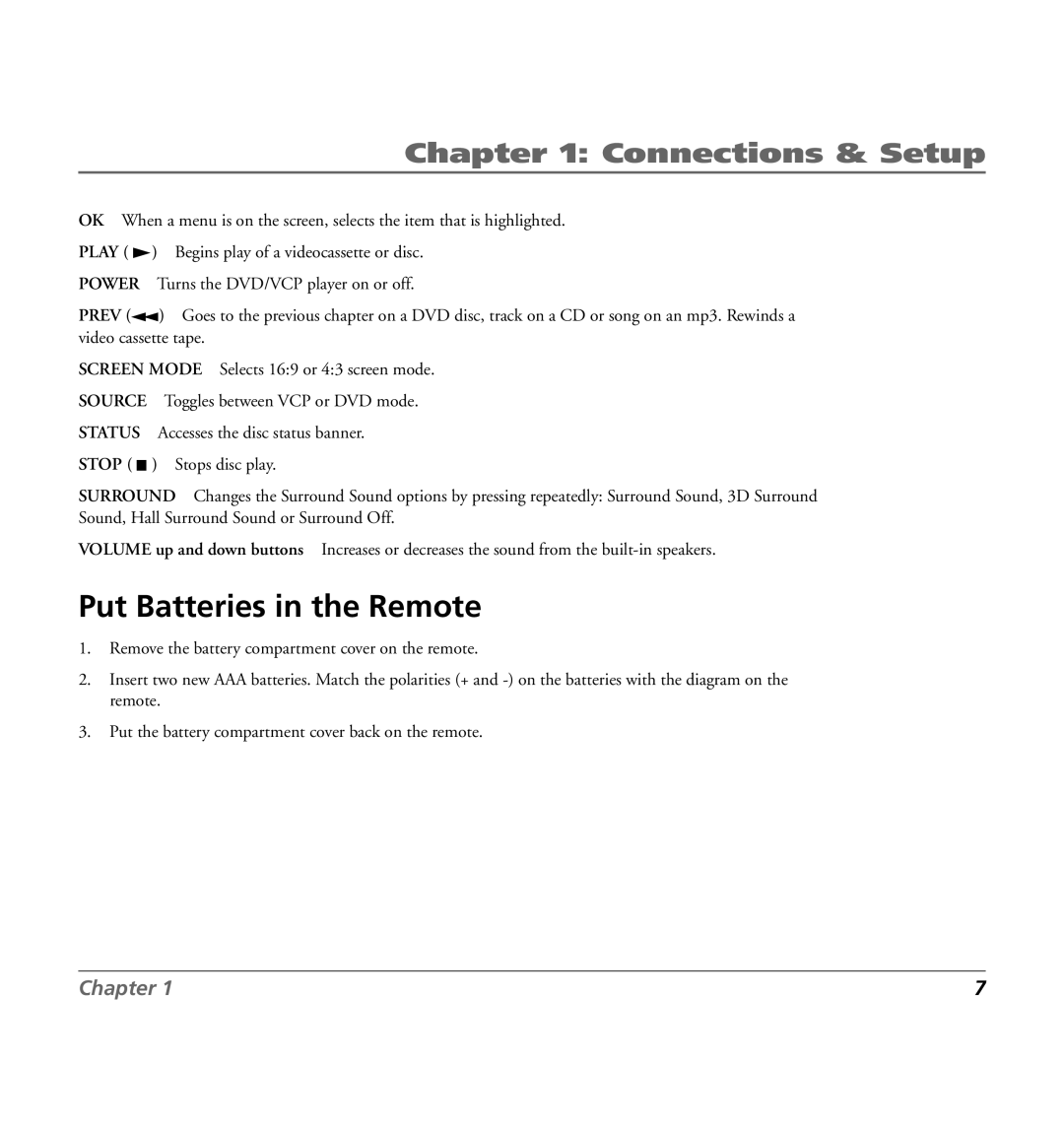 RCA 7L400MDV manual Put Batteries in the Remote 