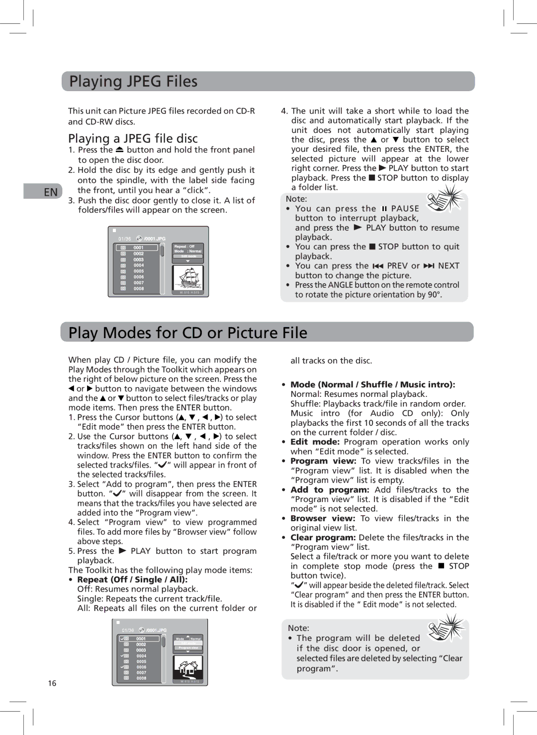 RCA DRC6272, 811-727191W030 user manual Playing Jpeg Files, Play Modes for CD or Picture File, Playing a Jpeg file disc 