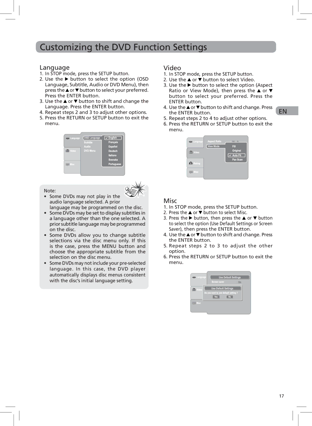 RCA 811-727191W030, DRC6272 user manual Customizing the DVD Function Settings, Language, Video, Misc 