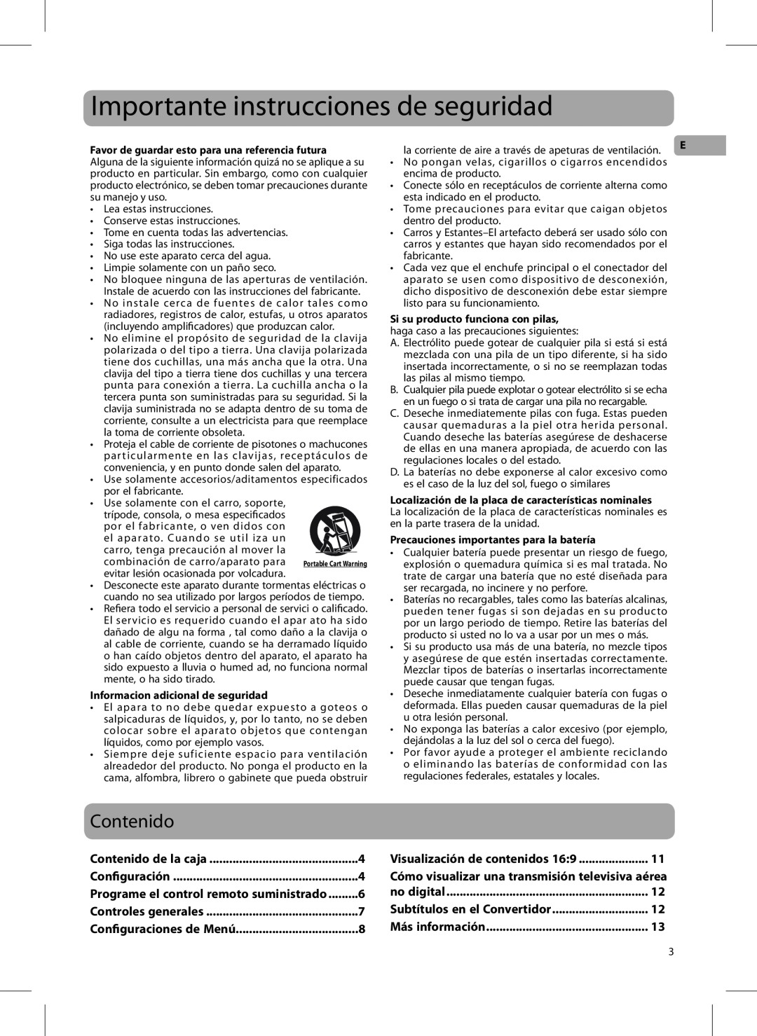 RCA DTA800B1L, 811-DTA891W030 user manual Importante instrucciones de seguridad, Contenido 