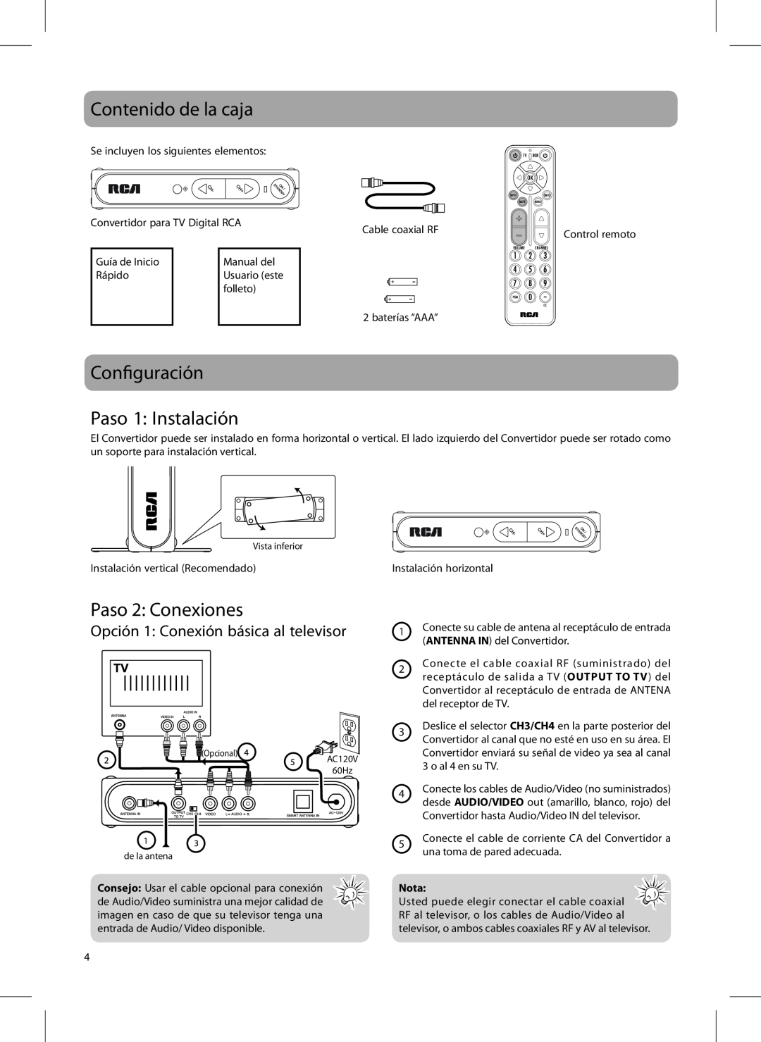 RCA 811-DTA891W030, DTA800B1L user manual Contenido de la caja, Configuración Paso 1 Instalación, Paso 2 Conexiones 